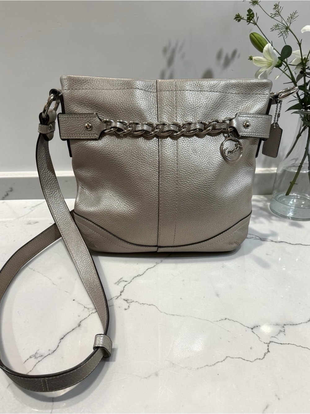 Coach Metallic Silver Pebbled Leather Shoulder/Crossbody Duffle Purse NWOT